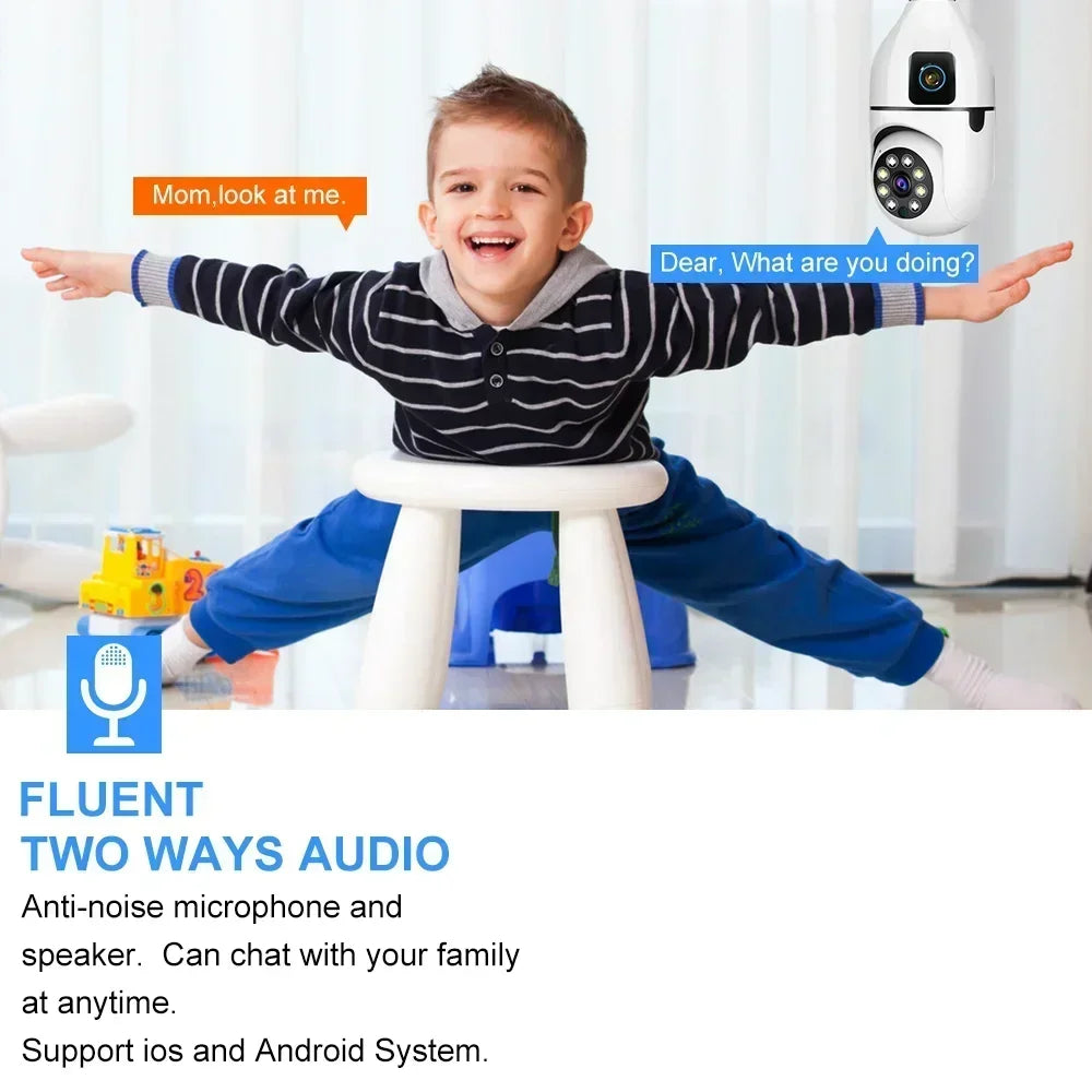 E27 Bulb Surveillance Security Camera 8MP HD Night Vision 2 screen 2 lens Camera Indoor Motion Detection 8X Zoom WiFi Camera 5MP