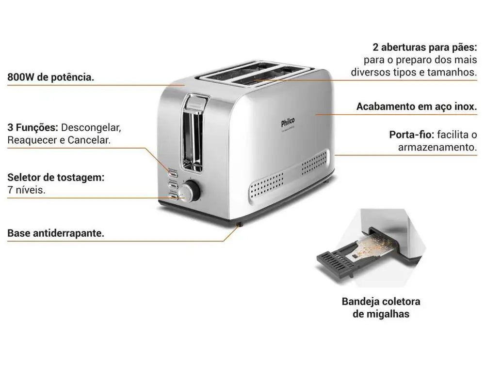 Philco Toaster Inox 2 Slice 7 Levels Toaster PTR03A - 110V