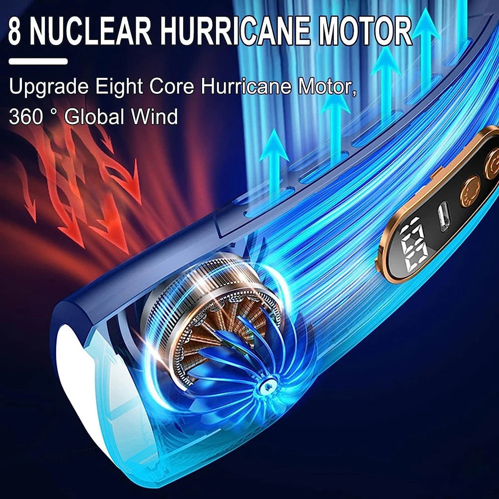 2025 New Portable Neck Fan USB Handheld Mute LED Digital Display Leafless Mini Electric Fan Colorful Atmosphere Lights 5th Gear