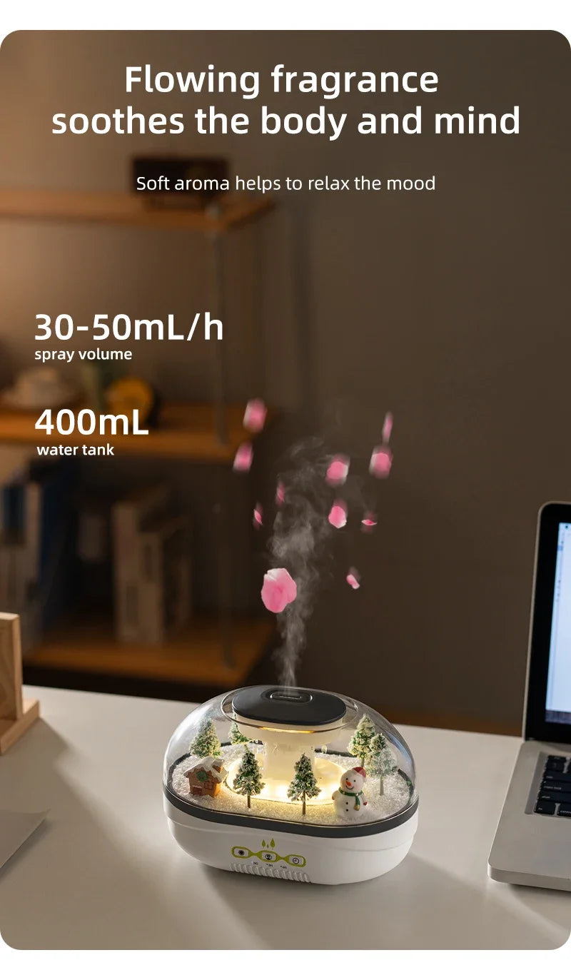 Snowman Landscape Aroma Humidifier with Colorful Led Light Essential Oil Diffuser Ultrasonic Raindrop Air Humidifier for Home