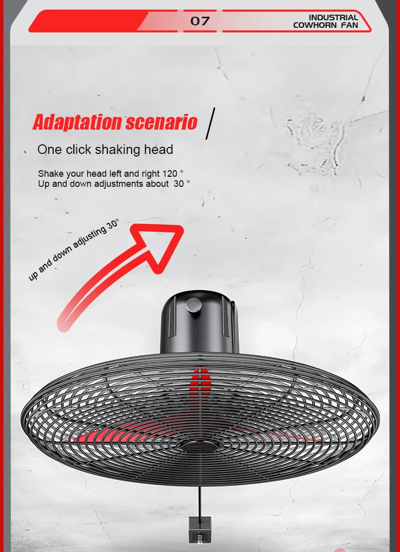 High Power Industrial Wall Mounted Fan Wire Control Adjustable Wind Power Shaking Head Horn Metal Blade Commercial Wall Fan
