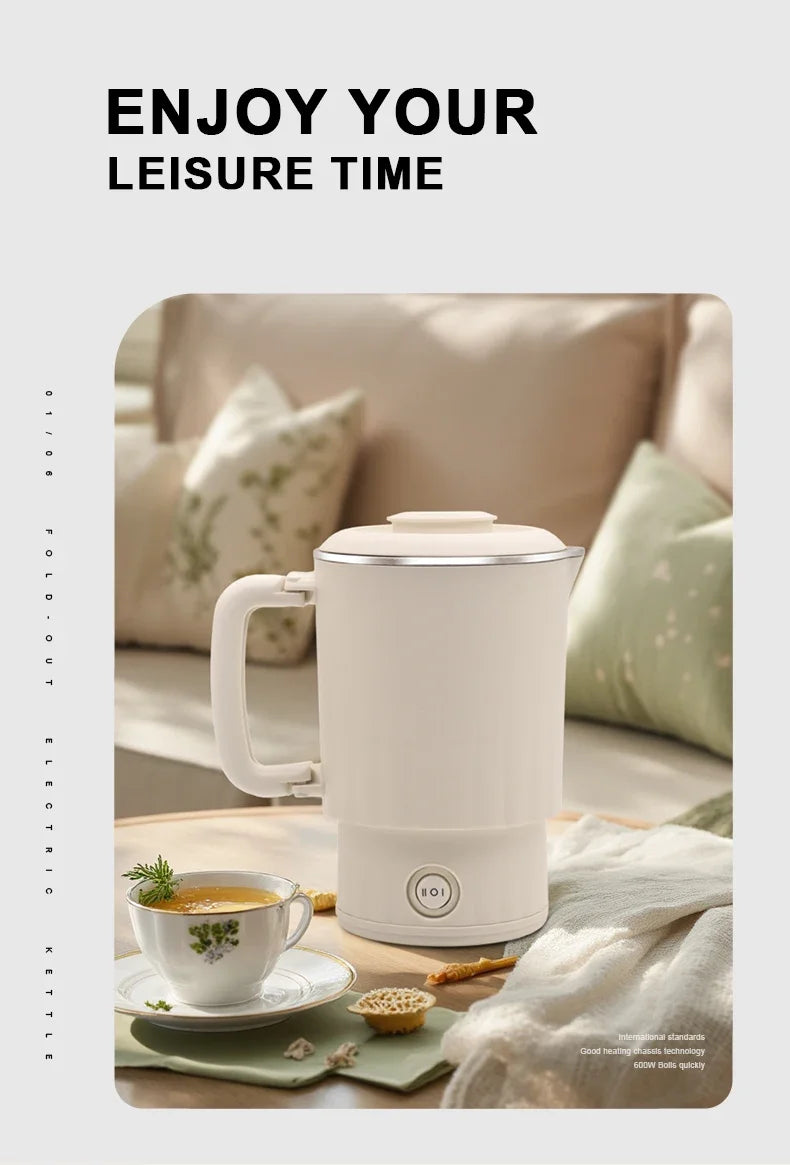 600ML Mini Portable Electric Kettle, Food-Grade Stainless Steel, Travel Foldable Boiling Pot & Noodle Pot