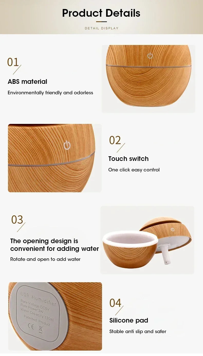 USB Ultrasonic Cool Mist Sprayer Essential Oil Fragrance Mini Home Wood Grain Air Humidifier Electric Air Aroma Diffuser Purifie