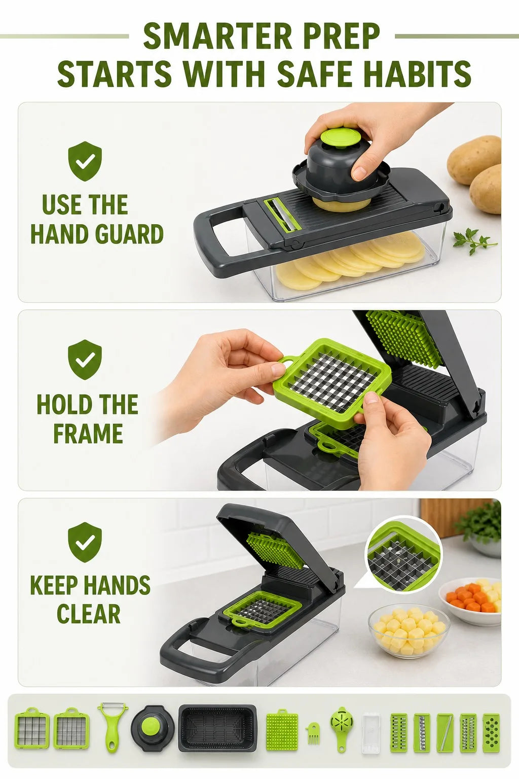 16PCS Vegetable Chopper with Container, 7 Blades Manual Onion Dicer Mandoline Slicer Grater with Drain Basket