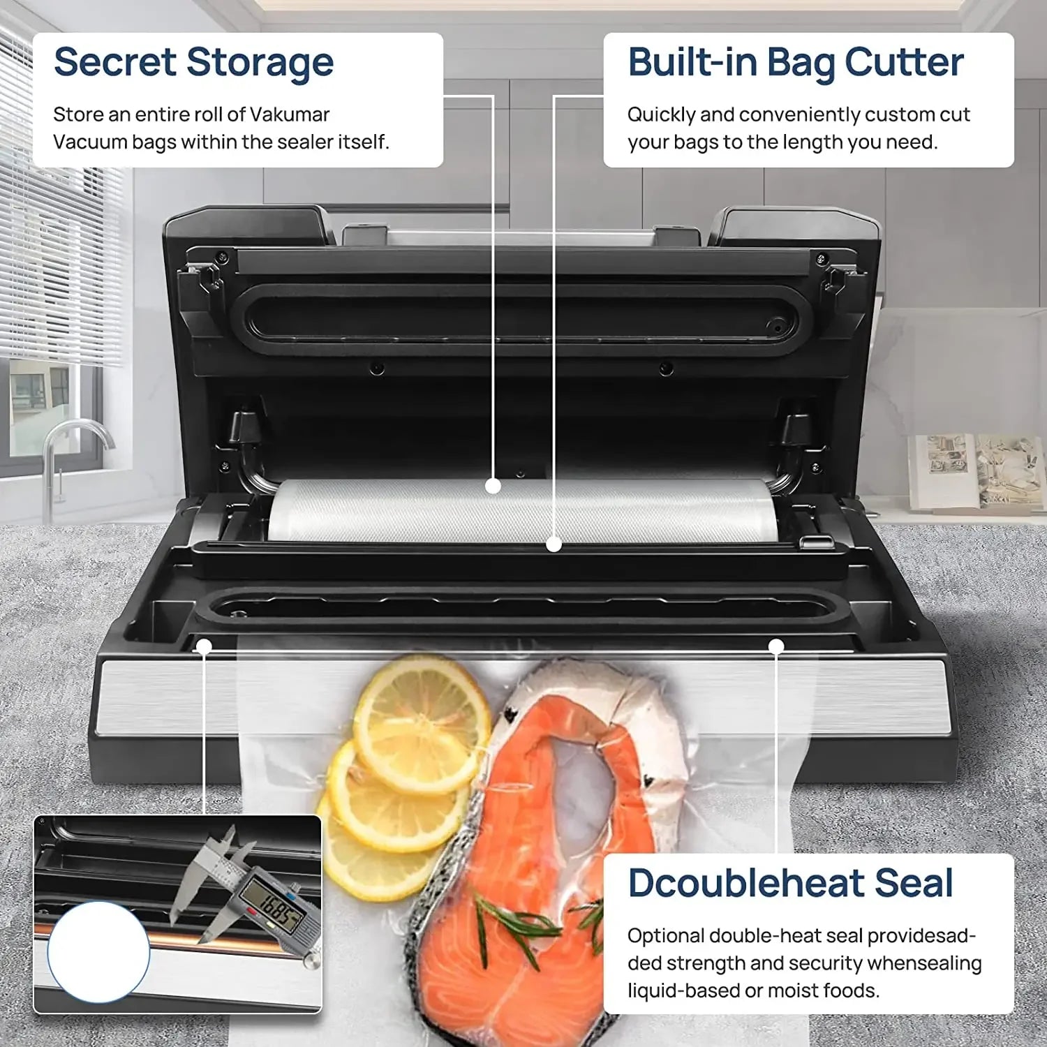 Vakumar VH5186 Kitchen Automatic Commercial Household Food Vacuum Sealer Packaging Machine Include 2 Rolls Vacuum Packed Bags
