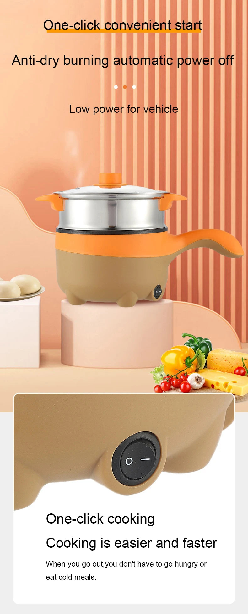 2L Portable Car Electric Hot Pot,12V/24V Multifunction Double‑Layer Cooking Pan, Travel Soup Rice Cooker Steamer for Car & Truck