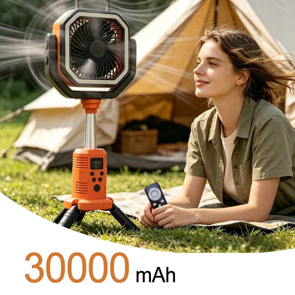 50000mAh Outdoor Camping Fan with Remote Contral 4Gears Wind Speed Up to 100 Hours Runtime Handle Portable Cooling Electric Fan
