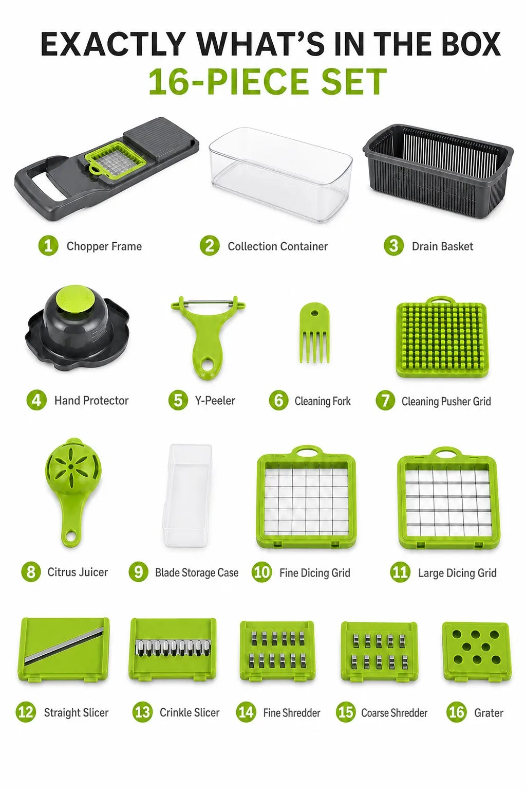 16PCS Vegetable Chopper with Container, 7 Blades Manual Onion Dicer Mandoline Slicer Grater with Drain Basket