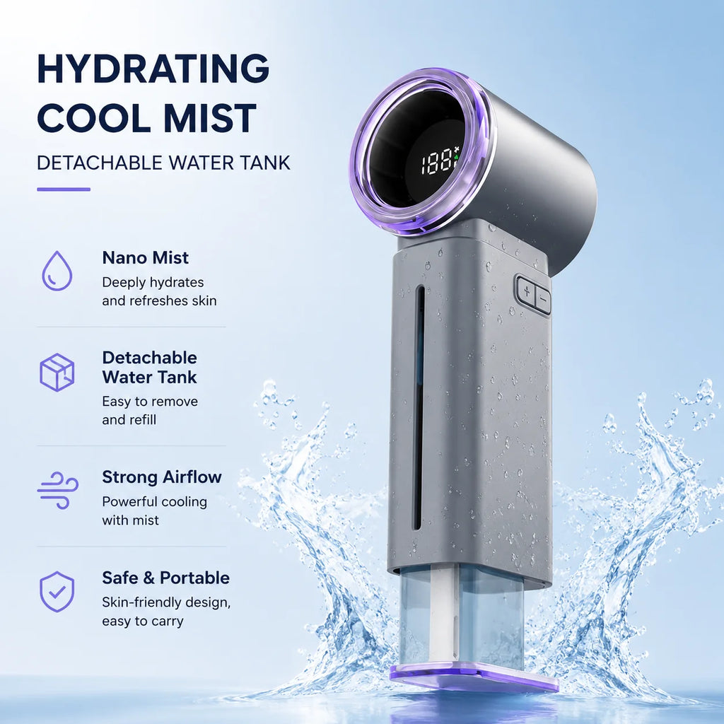 Portable Mist Cooling Fan Humidifier Ice Water Instant Cooler 199-Speed Turbo Handheld Fan Rechargeable Mini Air Conditioner Fan