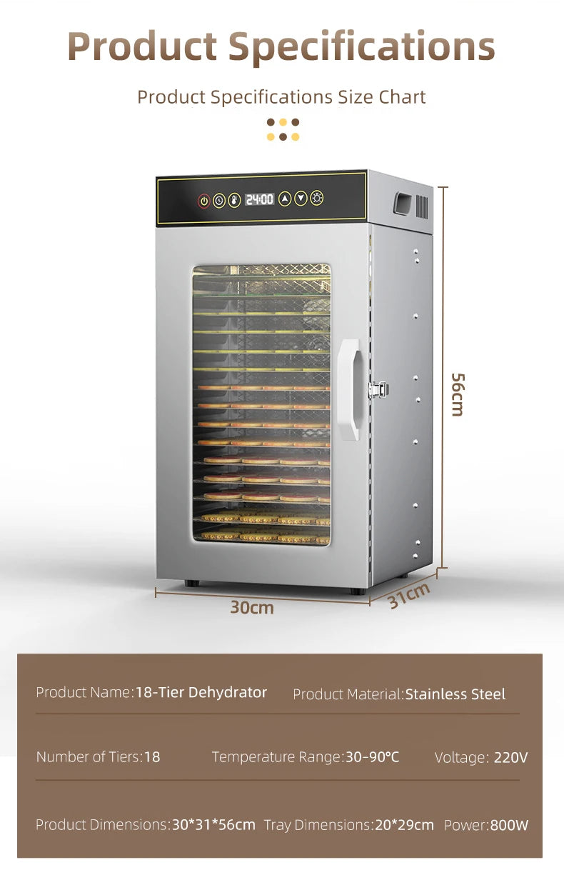 DIVEDEER 6-18 Layer Stainless Steel Food Dehydrator with Adjustable Temperature Control (30~90°C) for Fruits Vegetables Meat