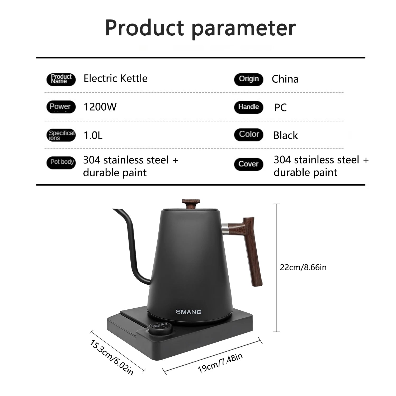 SMANG 1200W Gooseneck Electric Kettle 1L Temperature Control Coffee Kettle Pour Over Coffee Kettle Coffee and Tea Kettle