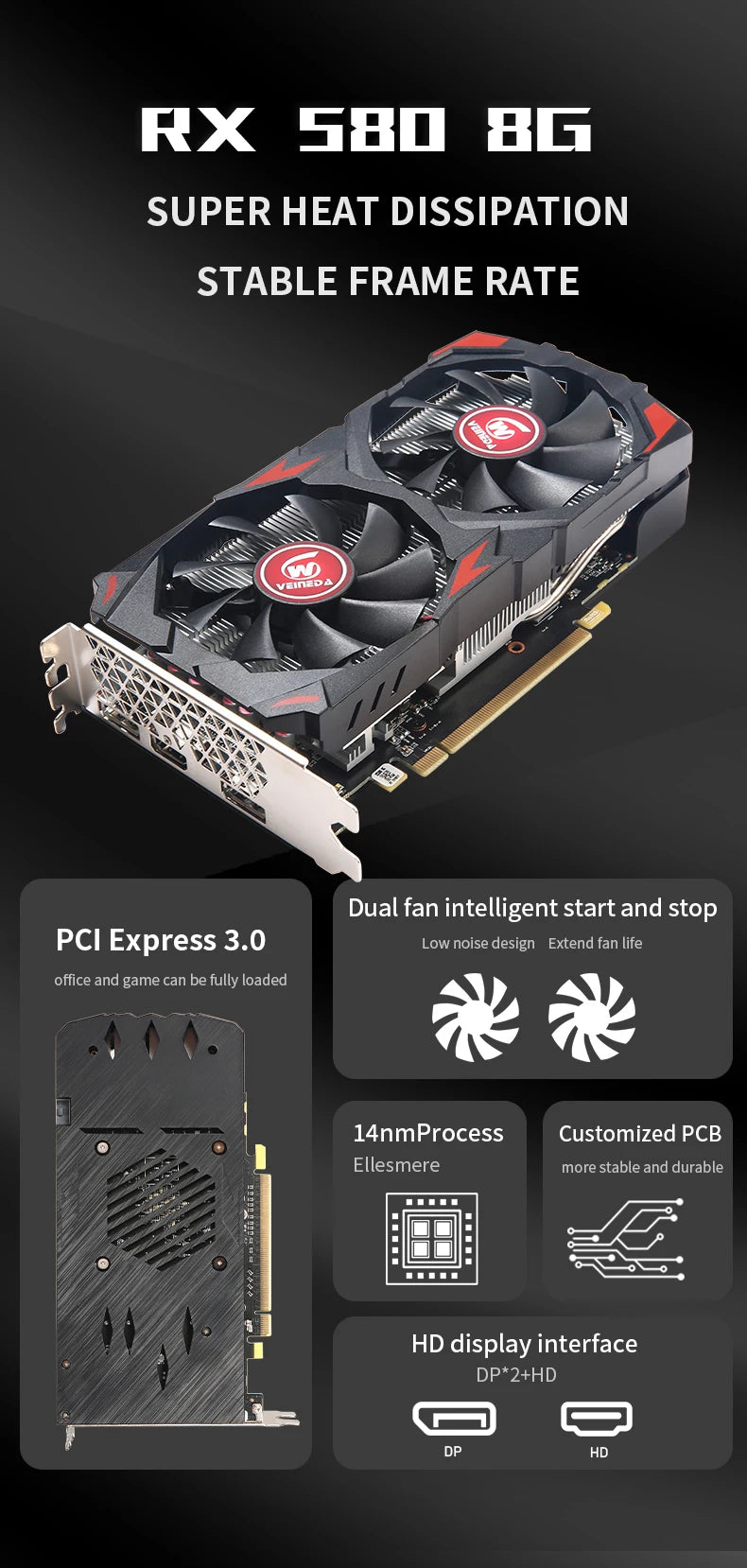 Veineda Graphics Cards RX 580 8GB 2048SP Placa De Video Gaming  GDDR5 256Bit PCI Express 3.0 ×16 GPU rx580 8g