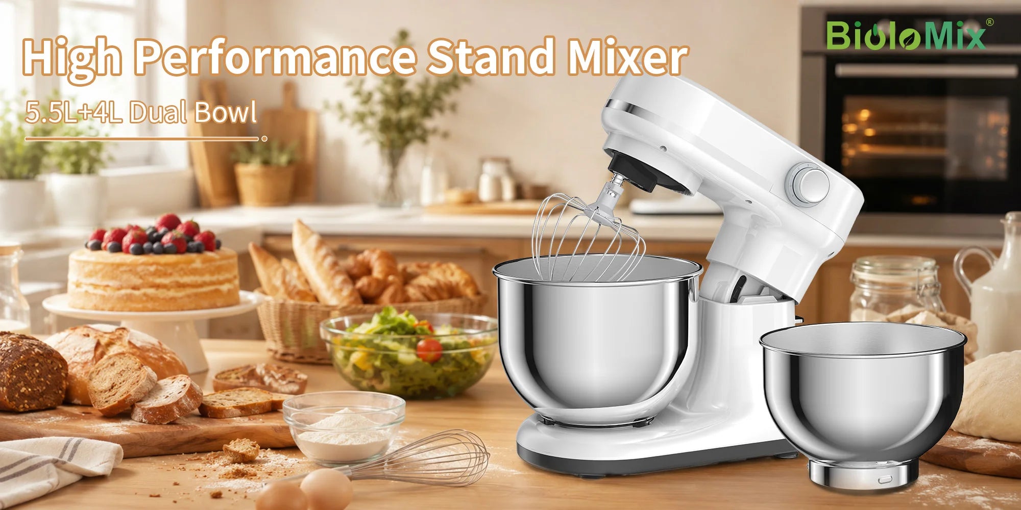 BioloMix 5.5L&4L double bowl Electric Food Mixer,8 Speeds Stand Mixer for Daily Use with Egg Whisk,Dough Hook,Flat Beater