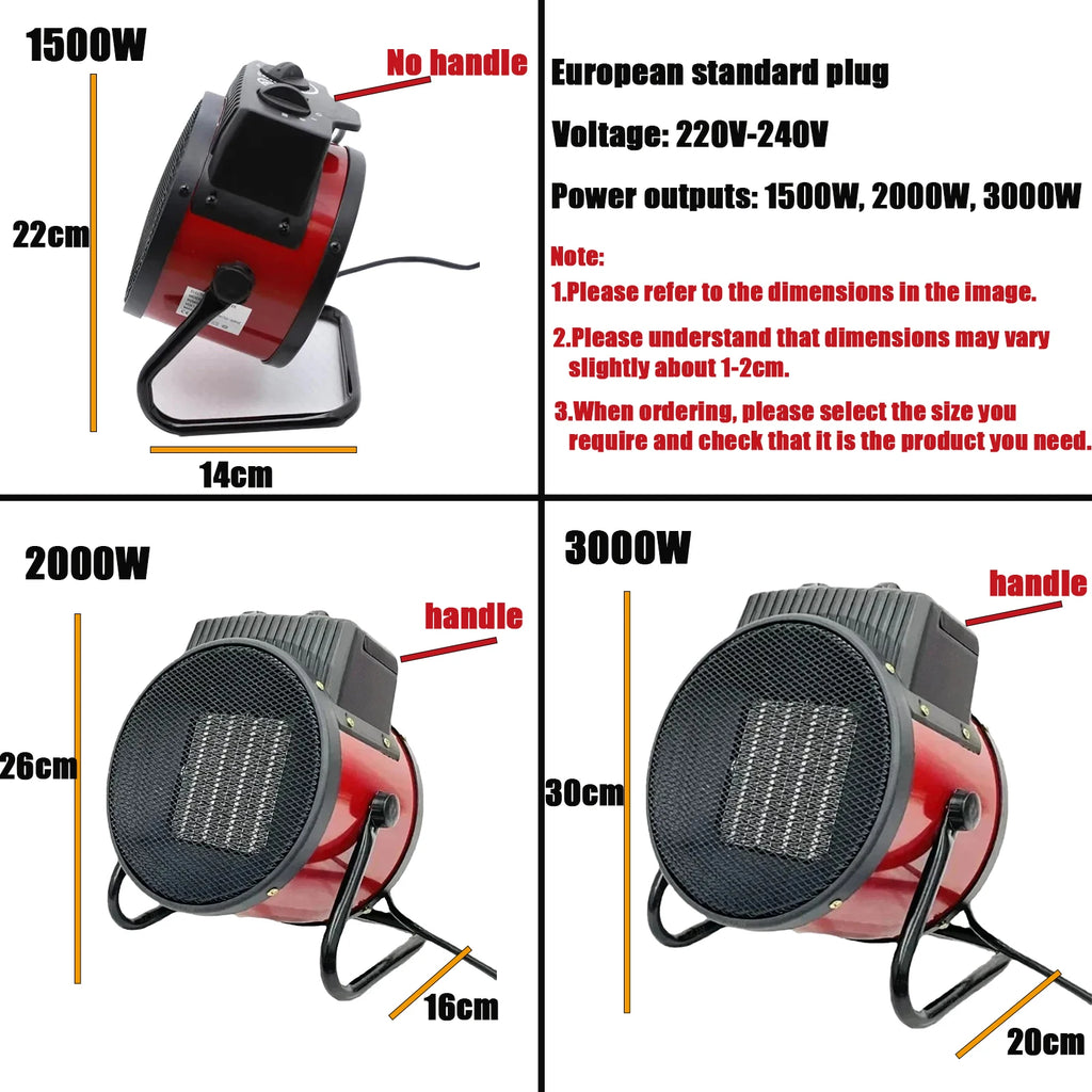 3000W Portable Electric Space Heater with Fan Adjustable Thermostat  2 Heat Settings&Fan Mode&Tip-Over Protection 1.5kw/2kw/3kw