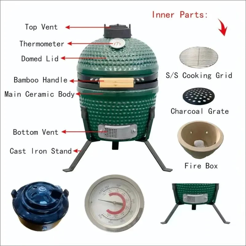 13Inch Ceramic Kamado Grills Outdoor and Indoor Kitchen Camping BBQ Grill