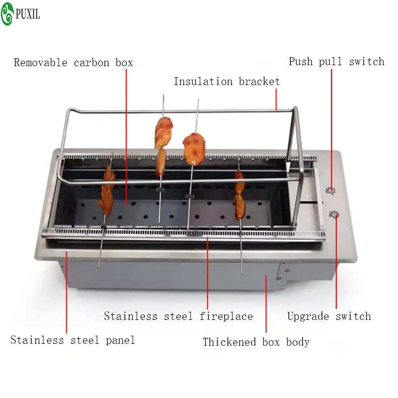Automatic BBQ Grill Charcoal BBQ Machine Push-Pull Electric Lifting Charcoal Box Barbecue Skewer Grill Commercial Skewer Machine