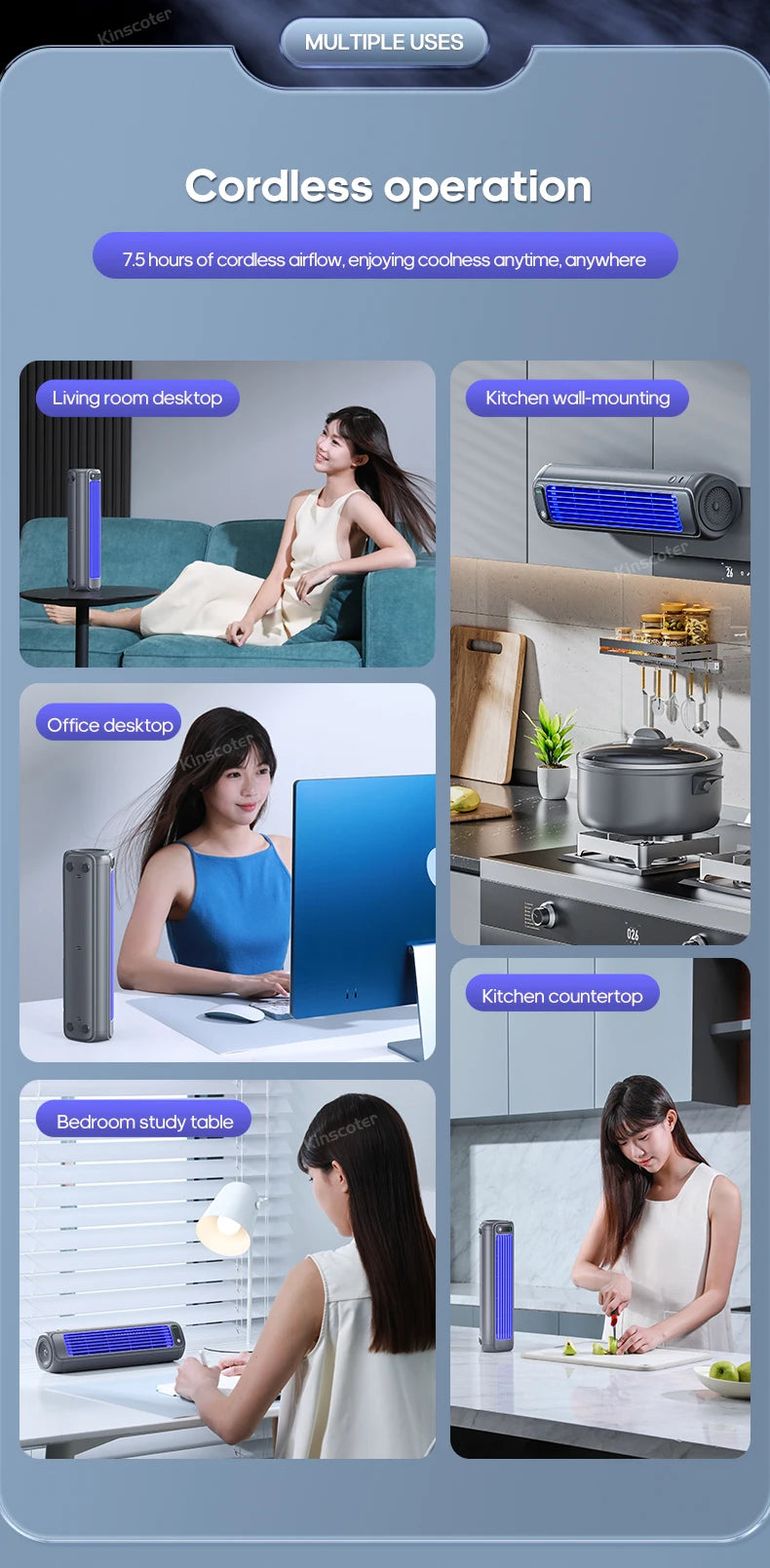 KINSCOTER Desktop Air Conditioner Fan No Drilling 3 Speeds Cooling Rechargeable Wall Mount Fan Silent for Home Kitchen Bathroom