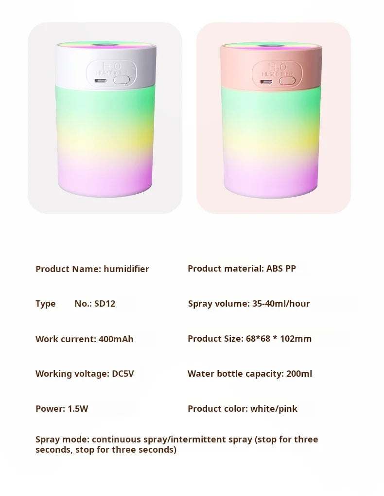 Colorful Atmosphere LED USB Mini Humidifier Car Home Bedroom Air Moisturizer Portable Desktop Aromatherapy Waterless Ultrasonic