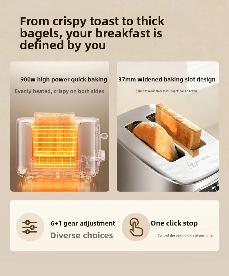 37mm Wide Slot Stainless Steel 2 Slice Toaster with Warming Rack Adjustable Browning Pop Up Breakfast Bread Toaster 토스터기