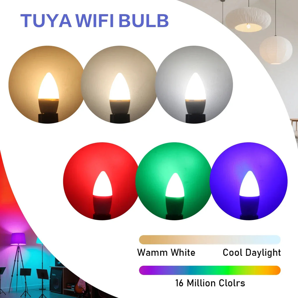 1-10PCS LED Candle Tuya Bulb WiFi E14 Smart RGB CW AC 85-265V 6W LED Lamp C37 Bulbs App Voice Control Support Alexa Google Home