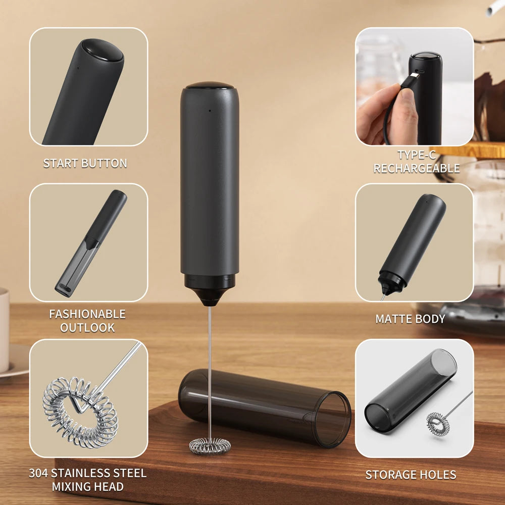 Electric Milk Frother Rechargable Kitchen Stirrer Handheld Coffee Frothing Wand Foam Maker Lattes Whisk Drink Mixer Egg Beater