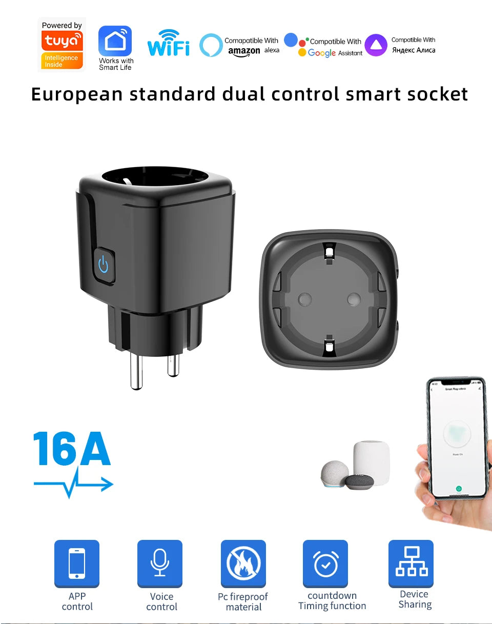 Tuya Smart Socket WiFi Remote Control EU Plug with Energy Monitoring 16A/20A Voice Control Google/Alexa Timed