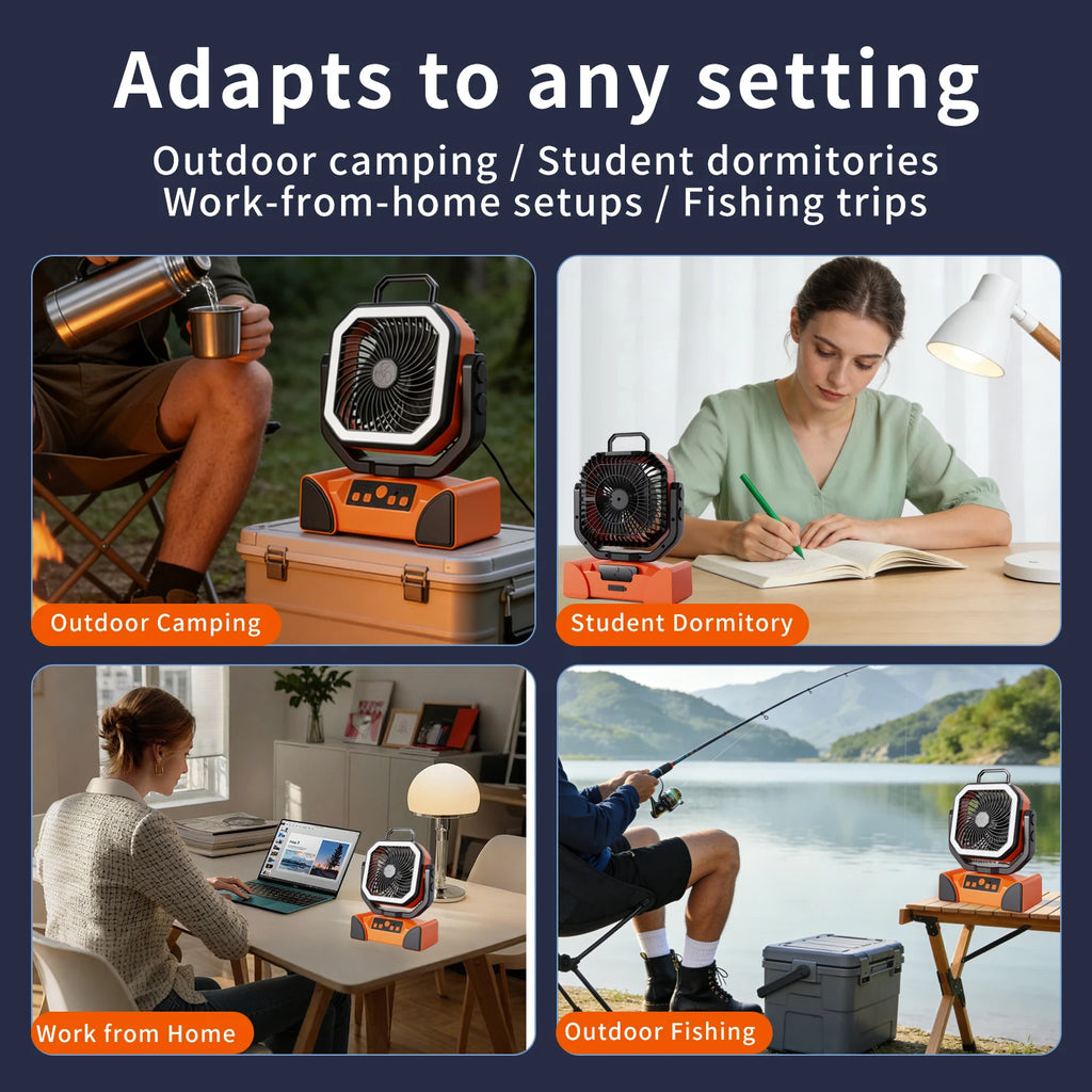 50000mAh Outdoor Camping Fan with Remote Contral 4Gears Wind Speed Up to 100 Hours Runtime Handle Portable Cooling Electric Fan