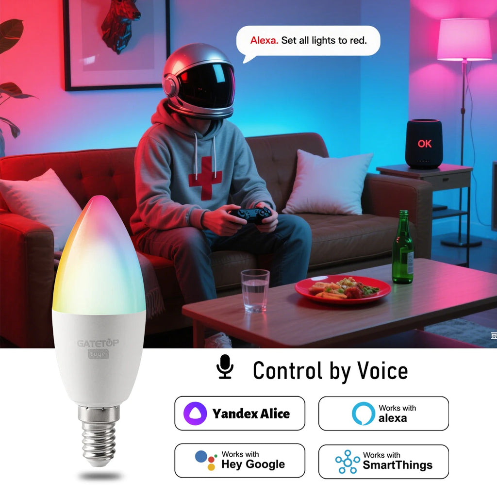 1-10PCS LED Candle Tuya Bulb WiFi E14 Smart RGB CW AC 85-265V 6W LED Lamp C37 Bulbs App Voice Control Support Alexa Google Home