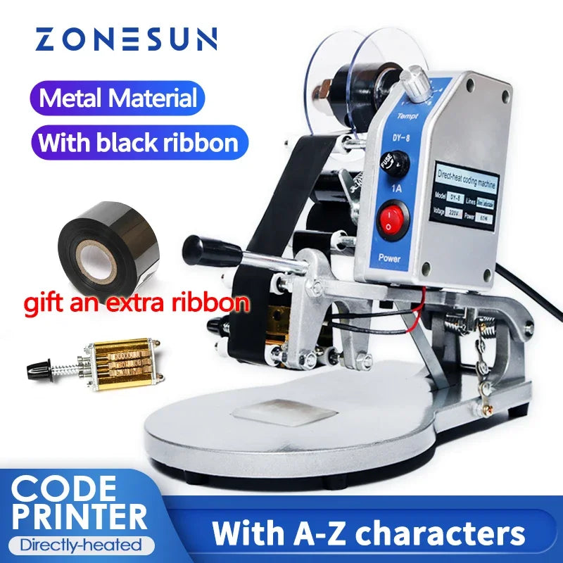 ZONESUN ZS-DY8 Manual Date Code Printer – Batch Number, Expiry & Production Date Coding Machine with A-Z Characters Ribbon