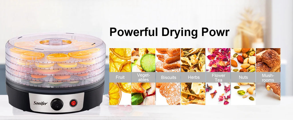 Food Dehydrator SF-4033 250W 5 Tray Fruit Vegetable Dryer with BPA Free Trays Adjustable Temperature for Home Kitchen