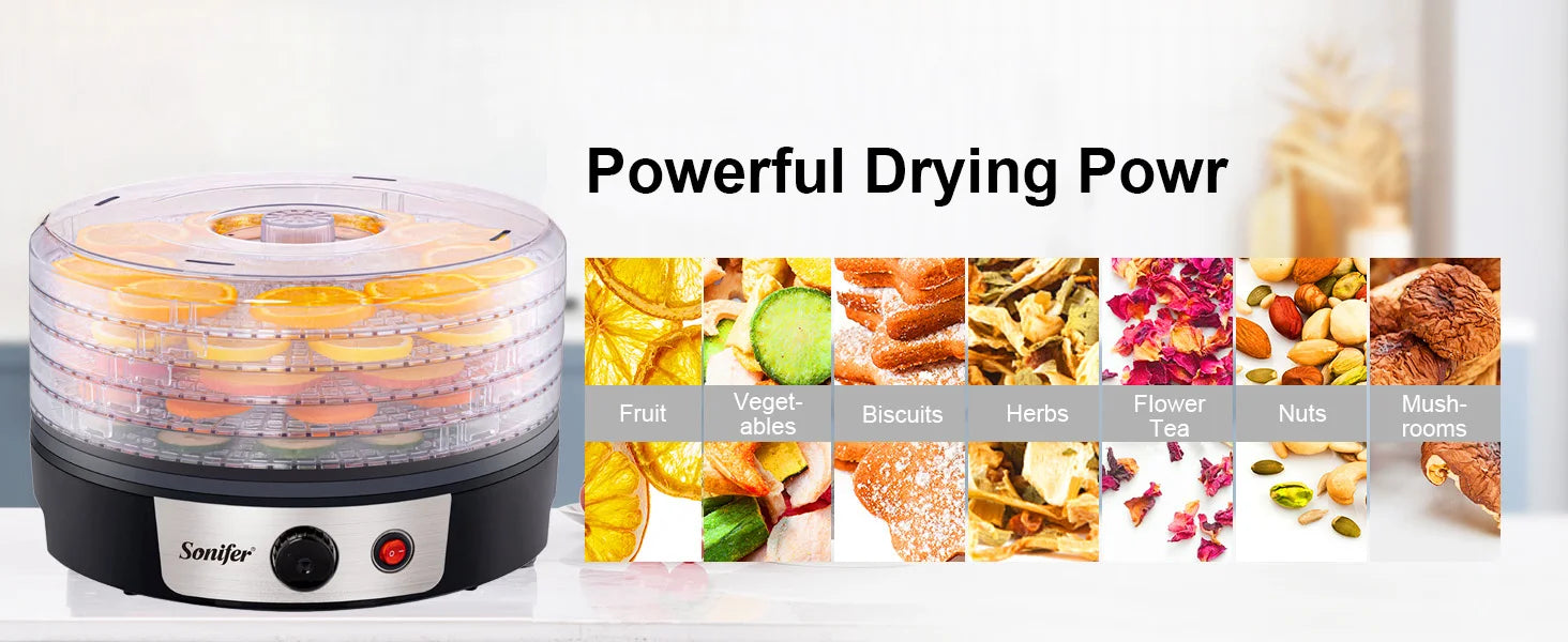 Food Dehydrator SF-4033 250W 5 Tray Fruit Vegetable Dryer with BPA Free Trays Adjustable Temperature for Home Kitchen