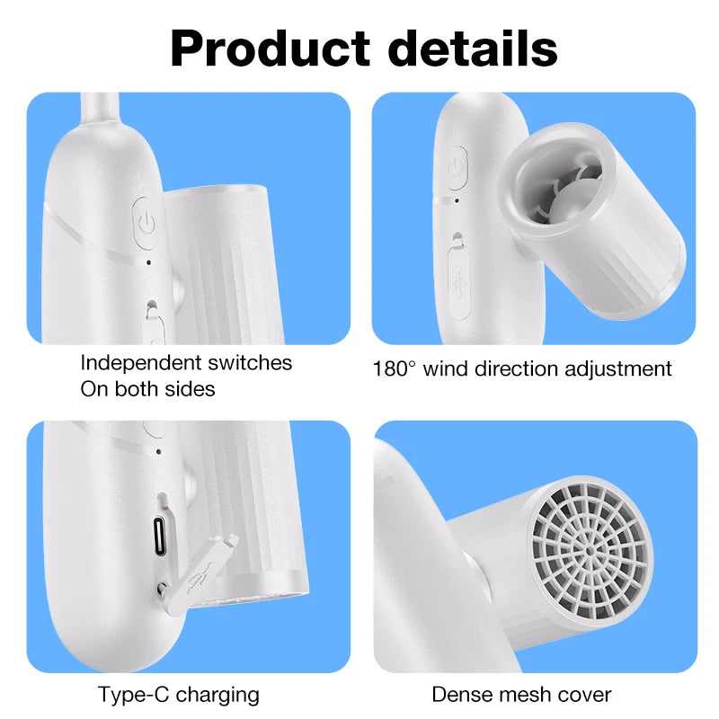 Independent Control Dual Motor Neck Hanging Fan Rotation Adjustment Direction, Strong 3-Speed Wind Power