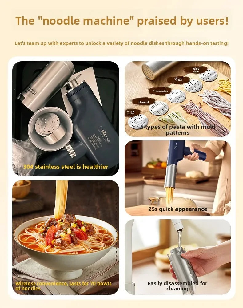 Wireless Handheld Electric Noodle Machine 5 Interchangeable Dies Stainless Steel Auto Pasta Maker Easy Clean Long Lasting