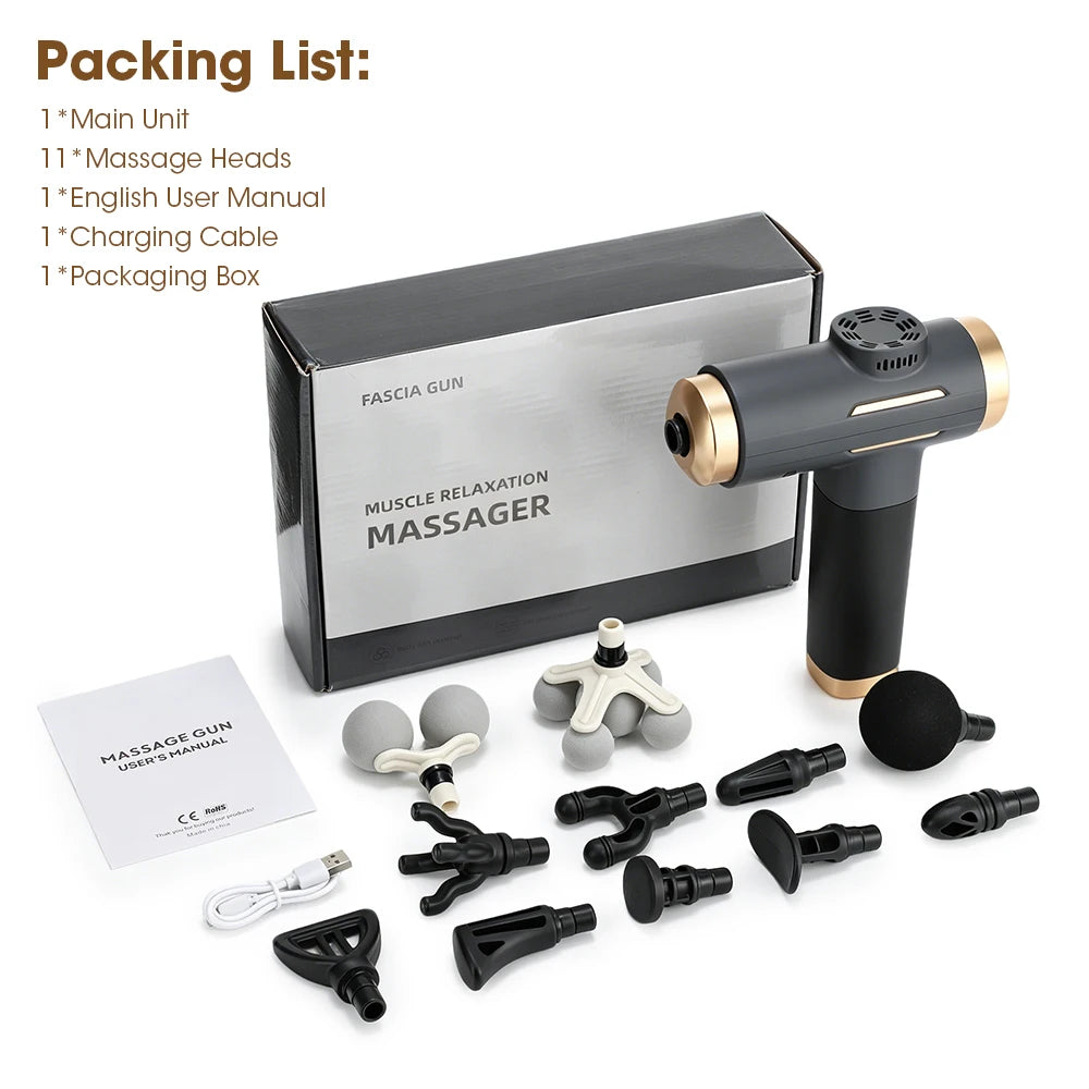 11-IN-1 Electric Massage Gun 99 Level Powerful Fascia Gun High-Frequency Vibration Body Massage Gun USB Rechargeable