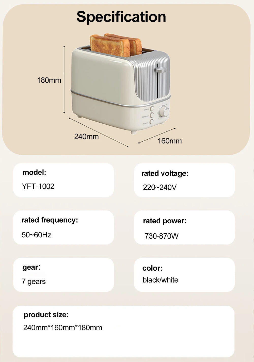 2-Slot Toaster 7 Browning Levels Home Extra Wide Slot Toaster with Reheat, Defrost and Cancel Includes a Detachable Crumb Tray