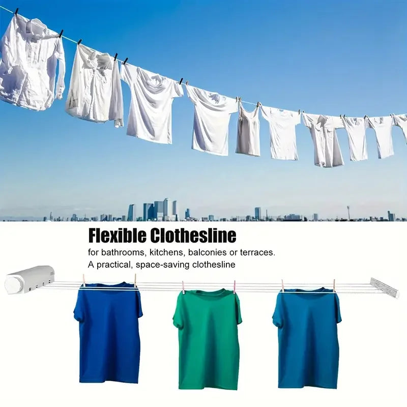 Retractable Clothes Drying Rope 3.75m Clothesline 5 Wires Wall Mounted Shrinkable Plastic Laundry Hanger Indoor Drying Rack