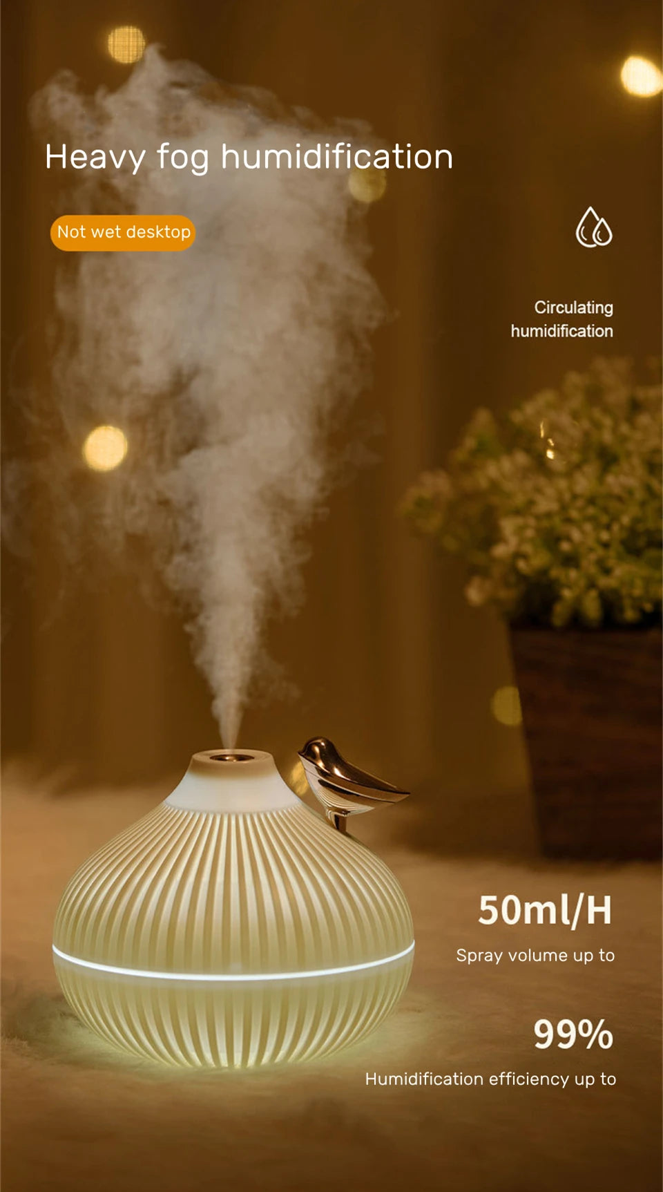 300ml USB Air Humidifier Mini Water Aroma Diffuser with Warm LED Night Light for Home Room Ultrasonic Cool Mist Humidificador