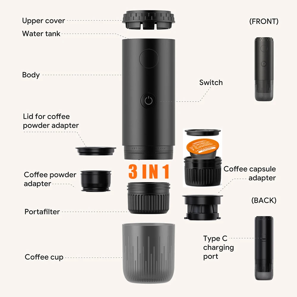 Coffee Machine Travel Portable Espresso for Car & Home Camping Coffee Maker 2-in-1 Capsule Powder Nespresso or Dolce Gusto