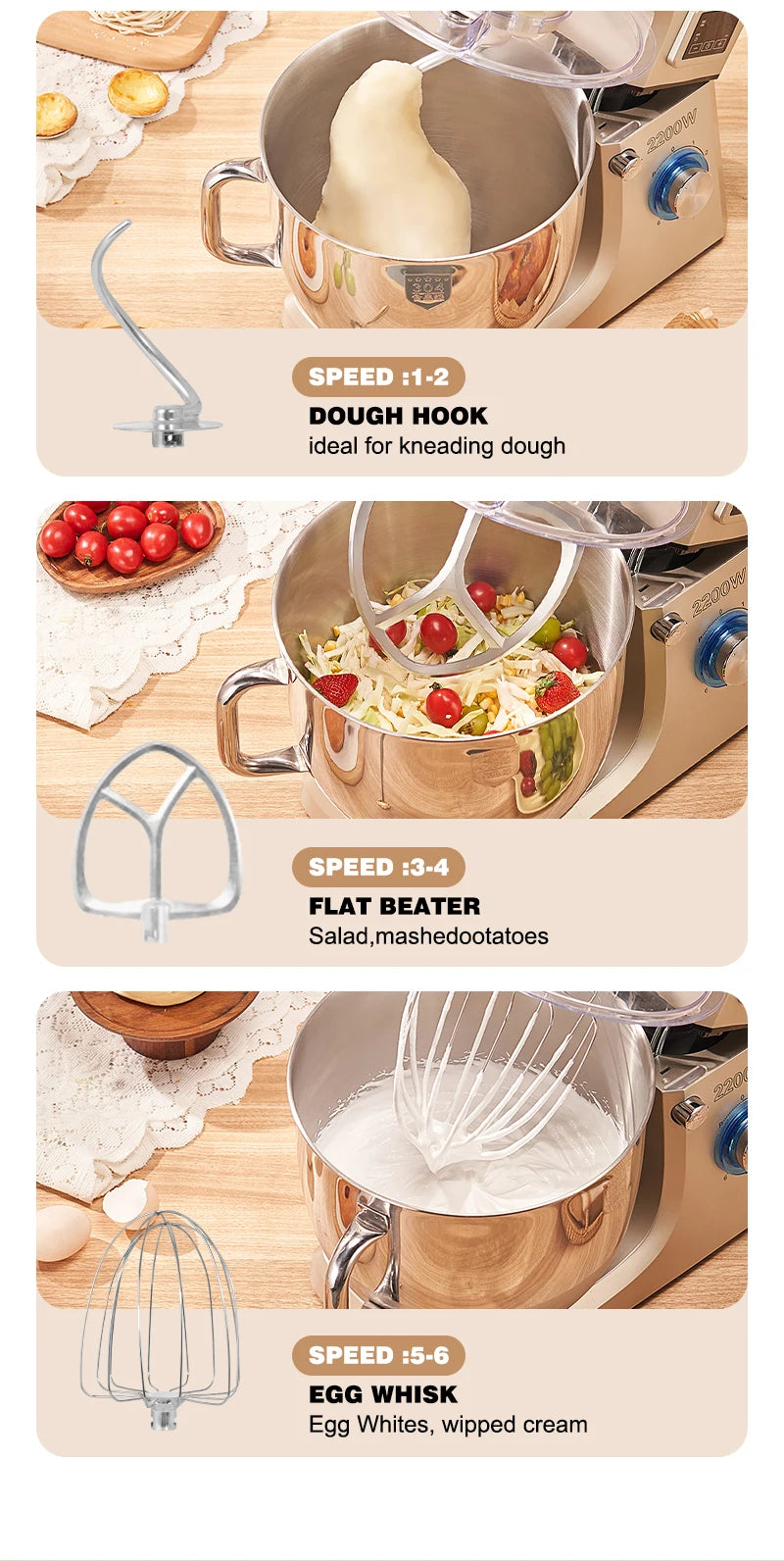 SUNATUR 10L Stand Mixer 2200w Dough Kneading Planetary Proccessor Automatic Beater Electric Timed Kitchen Blender Cream Whipper