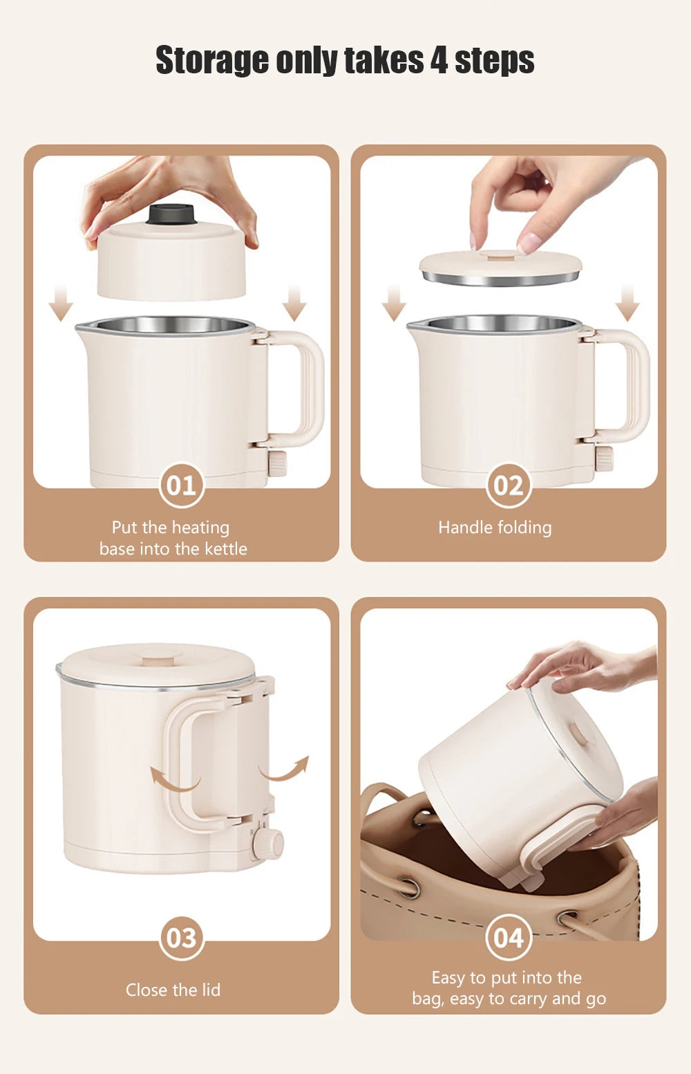 New 800ml Small Portable Electric Kettle Foldable 3 in 1 Multifunctional Travel Electric Kettle Household Rice Cooker Hot Pot