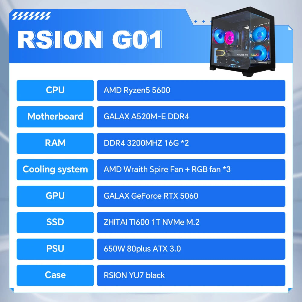 RSION Gaming PC Sea View Room AMD R5 5600 CPU RTX5060 32G RAM 1TB SSD Desktop Game Computer Assembled PC Gamer Full