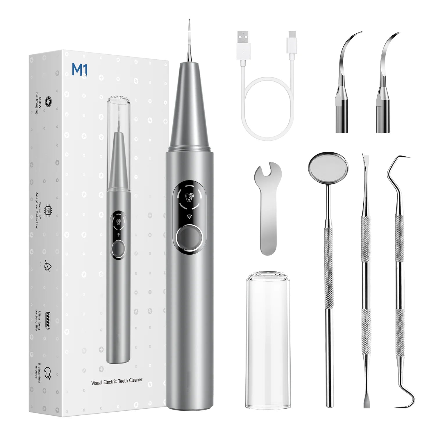M1 Visible Electric Ultrasonic Teeth Cleaner with 500MP Camera Tartar Remover Coffe/Tobacco Stains Cleaning Teeth Whitening Tool