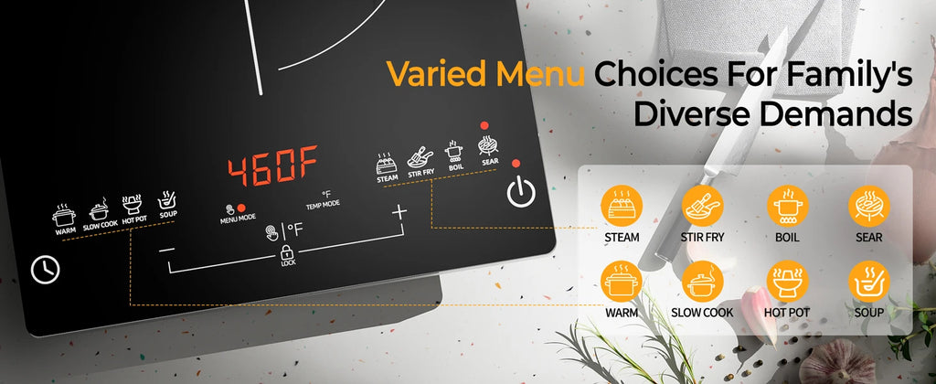 Multifunction Induction Cooker Ceramic 1200W-1800W Portable Electric Cooktop Preset Temperature Stir-Fry Timer Preset Child Lock