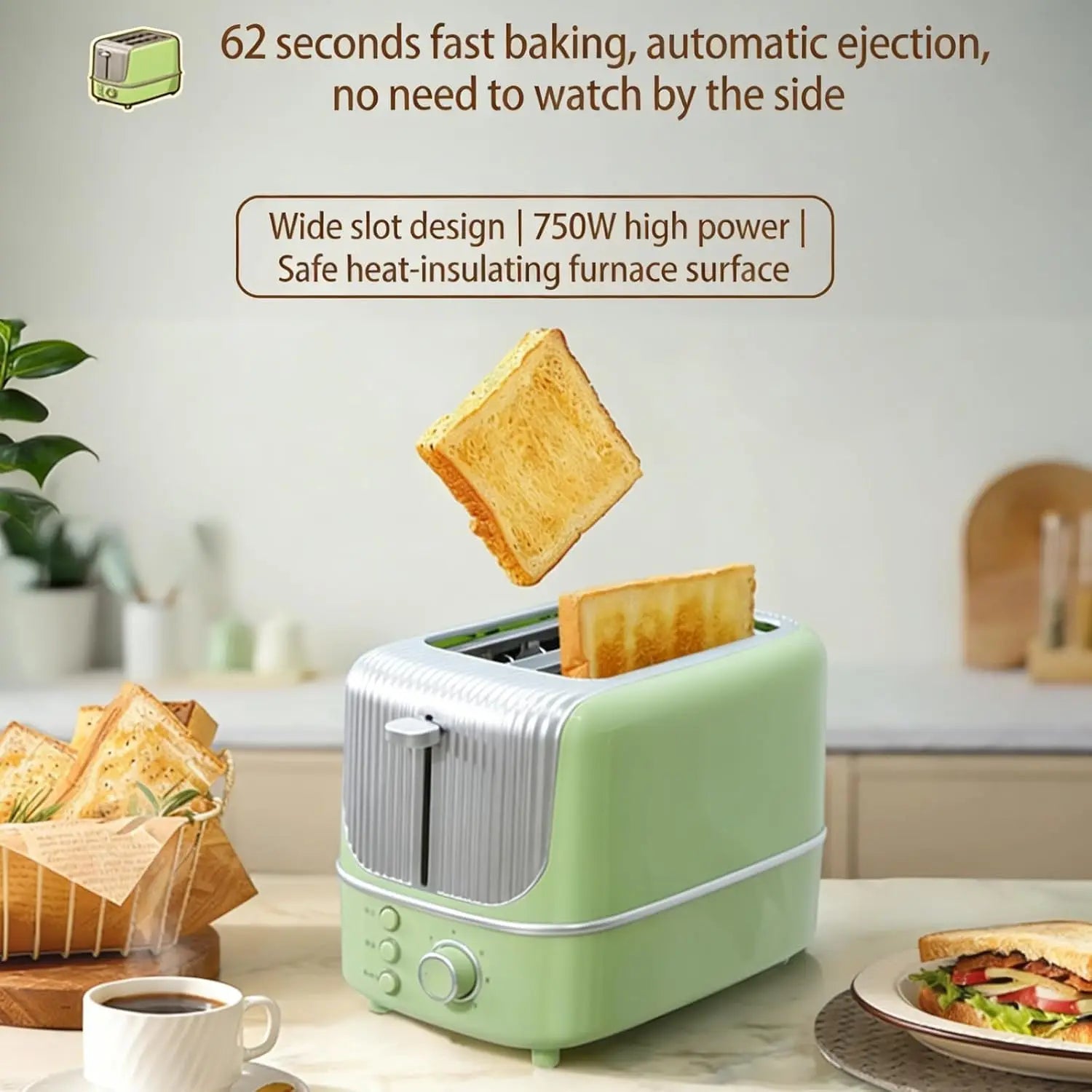 Toaster Oven 2 Slices with 7 Browning Levels, Automatic Pop-up, Frozen/Cancel/Reheat, Extra Wide Slots for Bread Bagels Waffles
