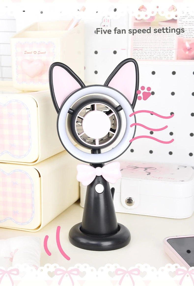 New Cat-Shaped Handheld Fan with Strong Wind, USB Charging, Suitable for Student Dormitories, Desktop Small Fan with Light