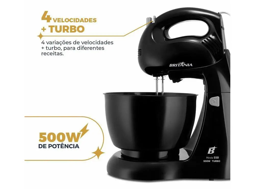 Britânia Black 500W Mixer with 4 Speeds, 4.3L Capacity, Pearl 550 - 220V