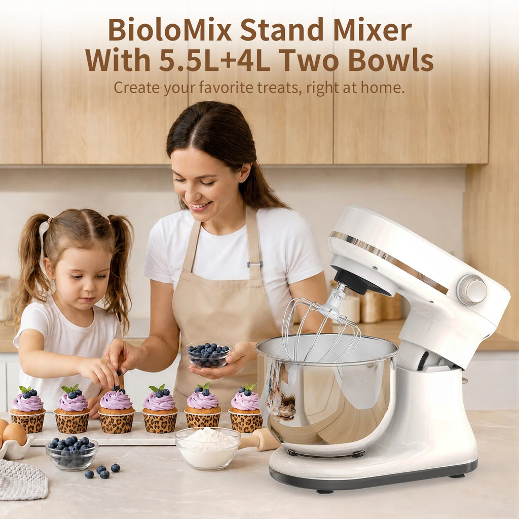 BioloMix 5.5L&4L double bowl Electric Food Mixer,8 Speeds Stand Mixer for Daily Use with Egg Whisk,Dough Hook,Flat Beater