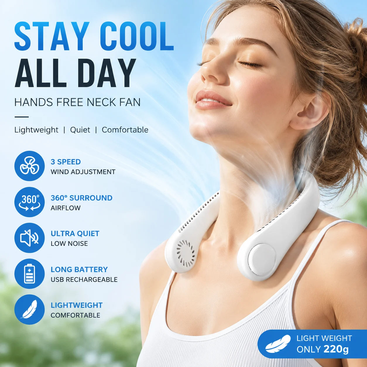 Hands Free Neck Fan Portable USB Rechargeable Bladeless Cooling Fan Quiet Wearable Fan for Summer Travel 3 Speed Mini Long Endur