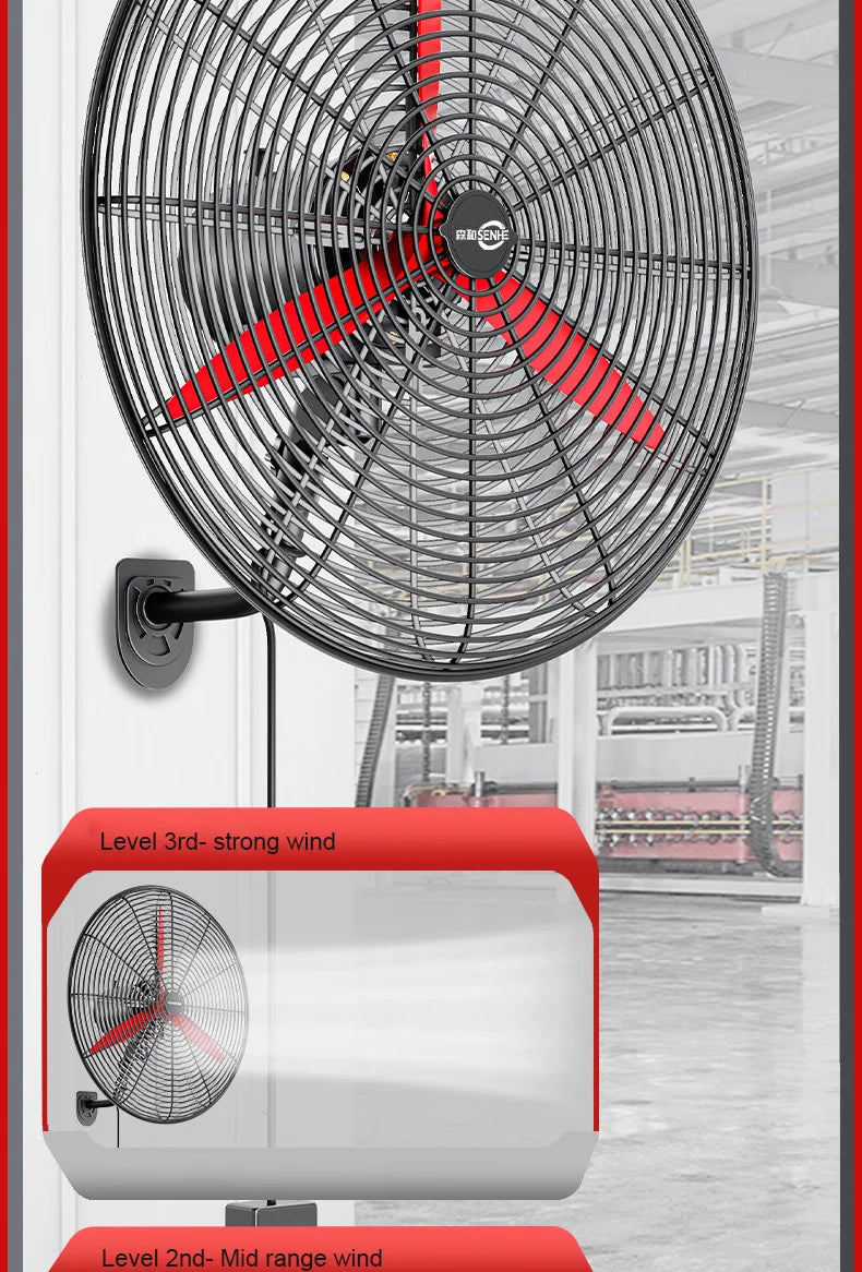 High Power Industrial Wall Mounted Fan Wire Control Adjustable Wind Power Shaking Head Horn Metal Blade Commercial Wall Fan