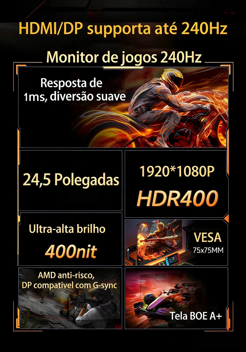 24.5 Inch 240Hz Gaming Monitor 1920×1080P 120%sRGB HDR400 IPS Screen FHD 400Nits Display DP HDMI VESA Gaming PC Monitor
